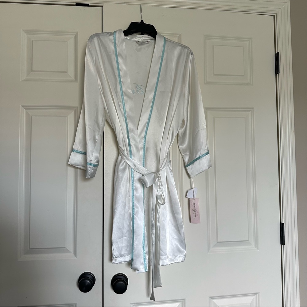 White Satin Bride Robe with Blue Trim